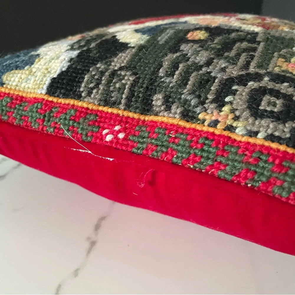 Santa on a Train Holiday Needlepoint Pillow